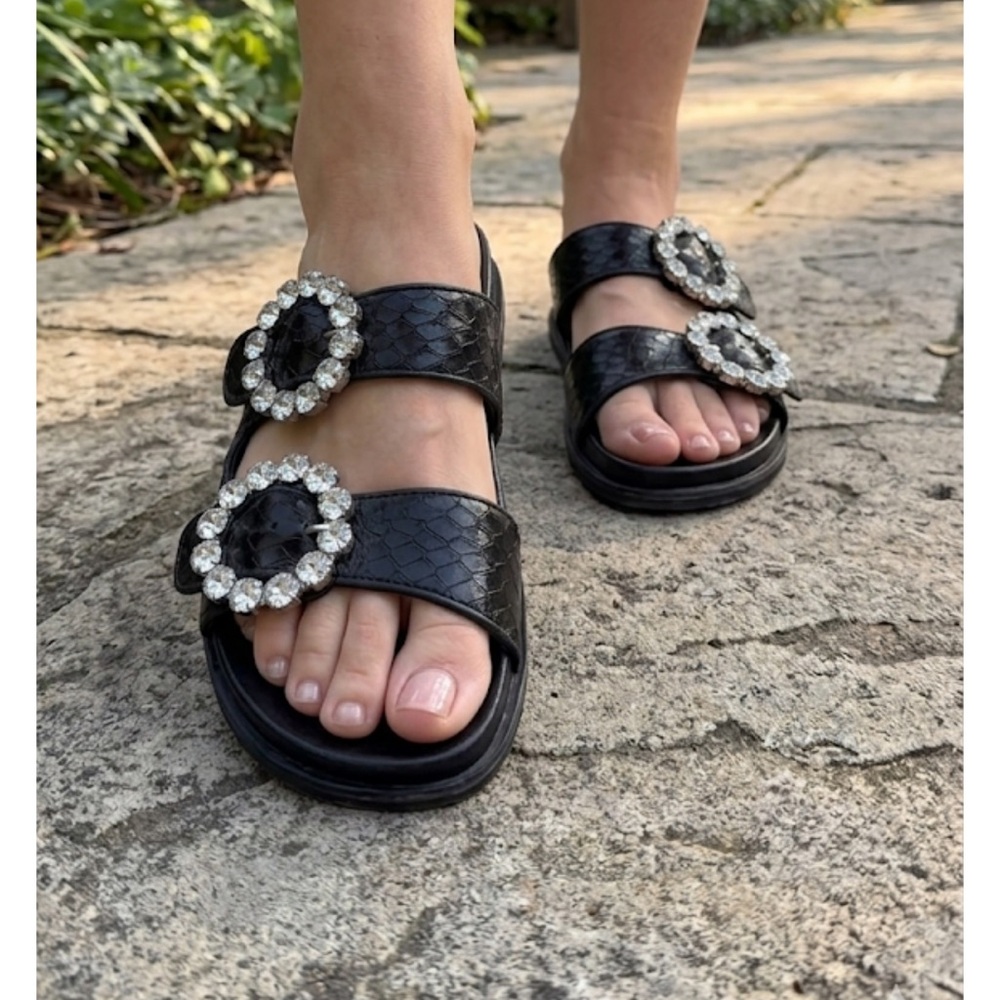 SCHUTZ Black Crystal Buckle Leather Slide Sandals